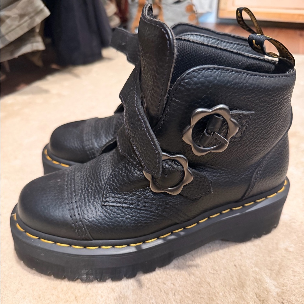 Dr. Martens Black Leather Boots with Yellow Stitching